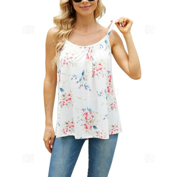 Charmo Womens Flowy Pleated Camisole Built in Bra Adjustable Straps Loose Tank Tops S-3XL