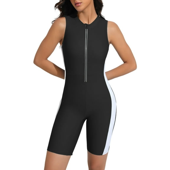 Charmo Womens Full Coverage One Piece Sport Swimsuit Zipper Boyleg Swimwear Color Blocked Bath Suit