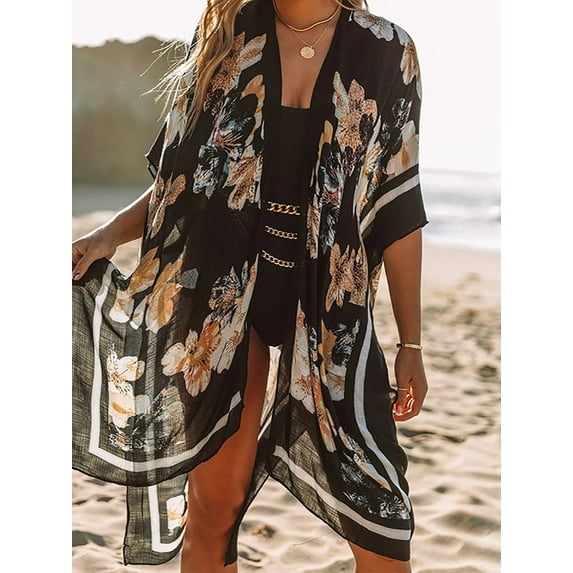 Charmo Womens Geometric Print Swim Cover Up Open Front Loose Casual Resort Beachwear