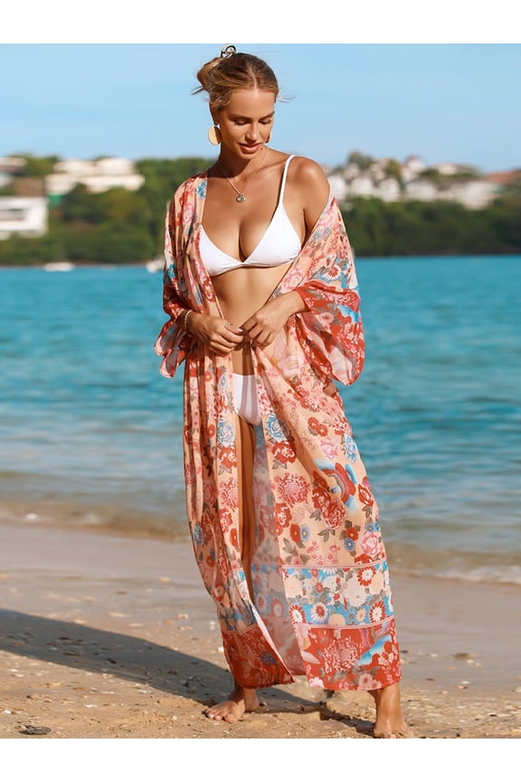 Womens Geometric Print Swim Cover Up Open Front Loose Casual Resort Beachwear