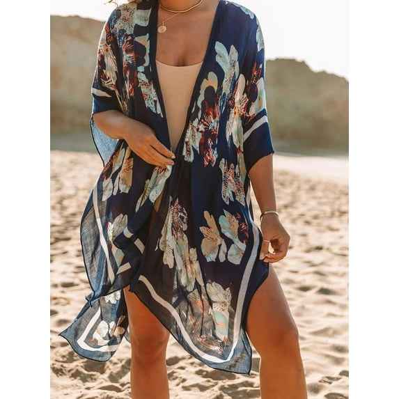Charmo Womens Geometric Print Swim Cover Up Open Front Loose Casual Resort Beachwear