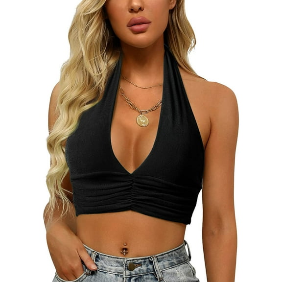 Charmo Womens Halter Crop Top Deep V Neck Backless Tank Cropped Tops