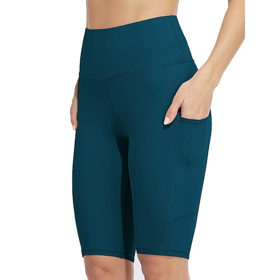 Charmo Womens High Waisted Biker Yoga Shorts Knee Length Athletic Shorts with Pockets