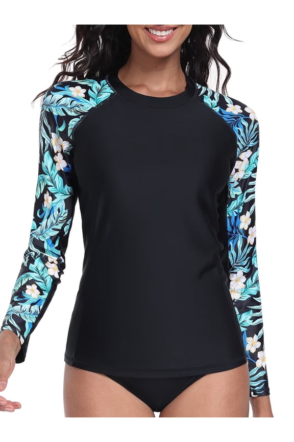 Women Long Sleeve Swimsuit Tops Sun Protection Rash Guard UPF 50+ Swim Shirts(No Thumb Holes)