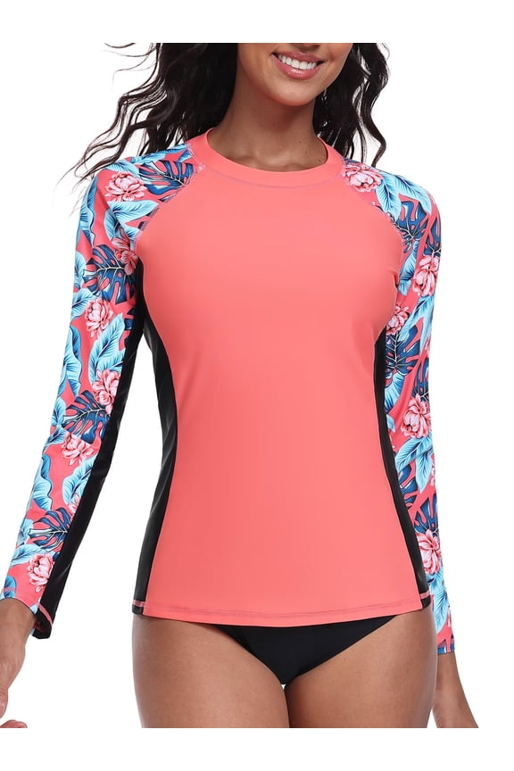 Women Long Sleeve Swimsuit Tops Sun Protection Rash Guard UPF 50+ Swim Shirts(No Thumb Holes)