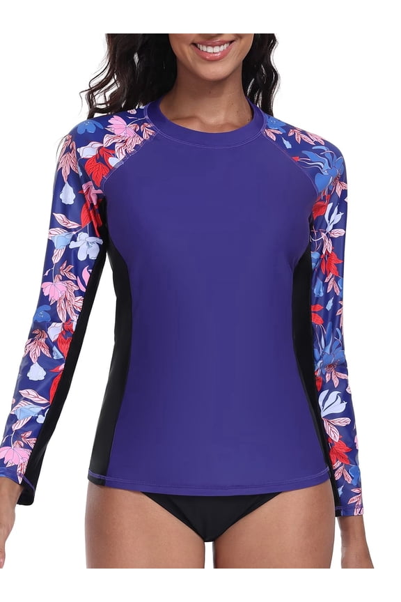 Women Long Sleeve Swimsuit Tops Sun Protection Rash Guard UPF 50+ Swim Shirts(No Thumb Holes)