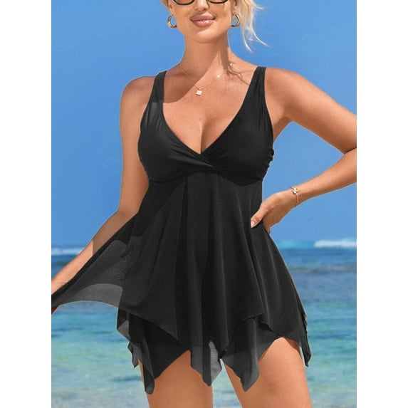 Charmo Womens Mesh Flowy Layer Tankini Swimsuit Wrapped V Neck Two Piece Bath Suits with Bottoms