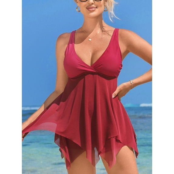 Charmo Womens Mesh Flowy Layer Tankini Swimsuit Wrapped V Neck Two Piece Bath Suits with Bottoms