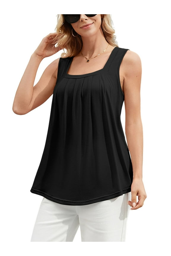Womens Pleat Square Neck Tanks Tops Flowy Casual Tunic Blouses Built in Bras, S-3XL
