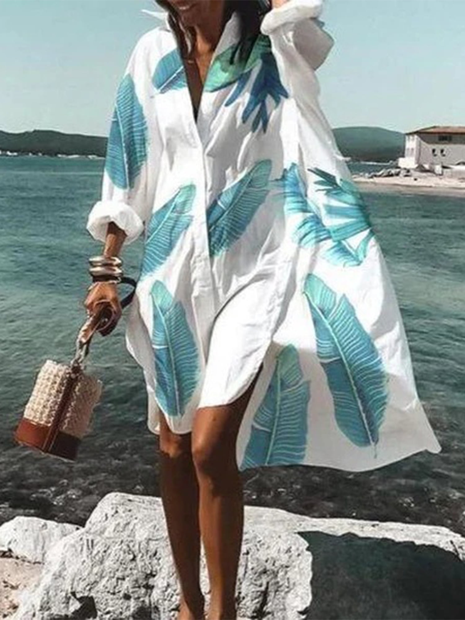 Charmo Womens Plus Size Long Sleeve Button Down Shirt Dress Casual