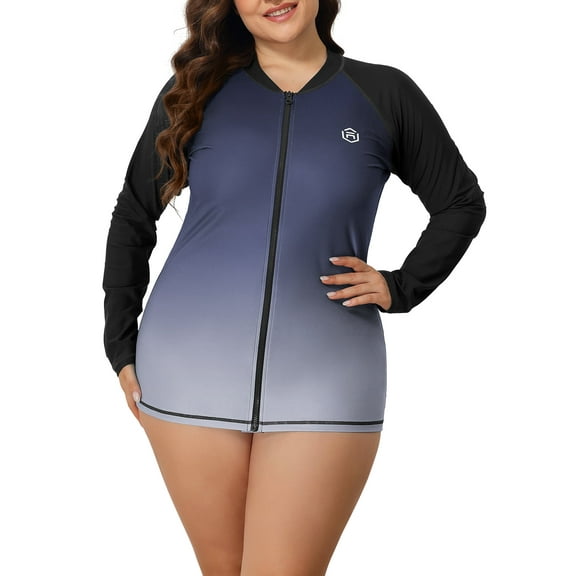 Charmo Womens Plus Size Long Sleeve Rash Guard Top Zipper Sufing Swim Shirt