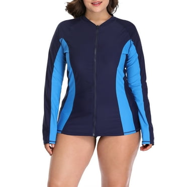 Charmo Womens Plus Size Long Sleeve Rash Guard Top Zipper Sufing Swim Shirt