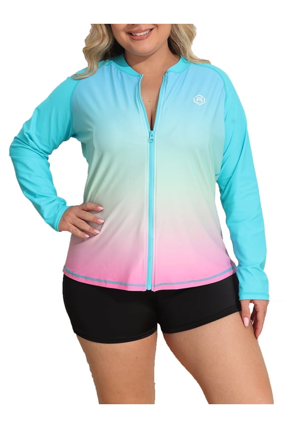 Womens Plus Size Long Sleeve Rash Guard Top Zipper Sufing Swim Shirt
