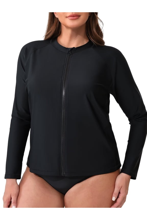 Womens Plus Size Long Sleeve Rash Guard Top Zipper Sufing Swim Shirts UPF 50+ Swimsuit Tops