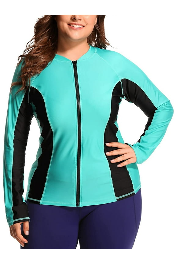 Womens Plus Size Long Sleeve Rash Guard Top Zipper Swimsuit Swim Shirt