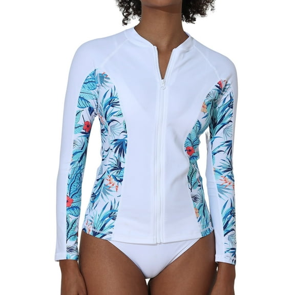 Charmo Women's Rash Guard UPF50  SPF UV Protection Long Sleeve Swimsuit Tops Zip Front Swim Shirts Yoga Hiking Shirt Tops