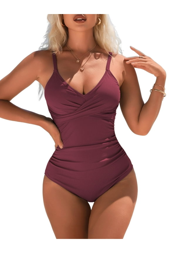 Womens Ruched V Neck One Piece Swimwear Ribbed Tummy Control Bath Suit