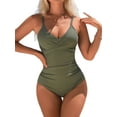 thumbnail image 1 of Charmo Womens Ruched V Neck One Piece Swimwear Ribbed Tummy Control Bath Suit, 1 of 4