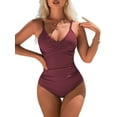 thumbnail image 1 of Charmo Womens Ruched V Neck One Piece Swimwear Ribbed Tummy Control Bath Suit, 1 of 5