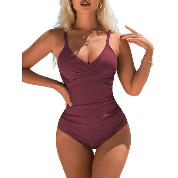 Charmo Womens Ruched V Neck One Piece Swimwear Ribbed Tummy Control Bath Suit