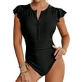 thumbnail image 1 of Charmo Womens Ruffled Short Sleeve Rashguard Swimsuit One Piece Zipper Swimwear UPF 50+, 1 of 7