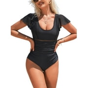 CHARMO Womens Ruffled Sleeve One Piece Swimsuit V Back Monikini Swimwear