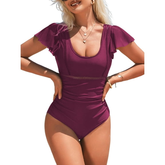 Charmo Womens Ruffled Sleeve One Piece Swimsuit V Back Monikini Swimwear