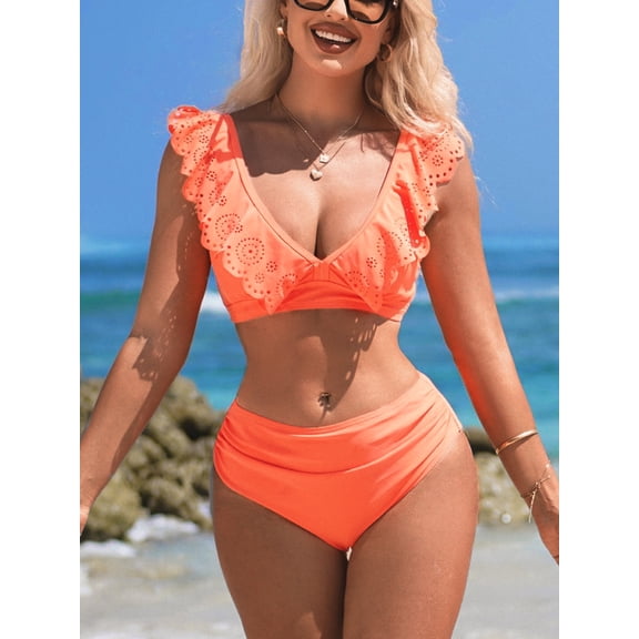 Charmo Womens Ruffled V Neck Bikini Sets High Waisted Two Piece Bath Suit