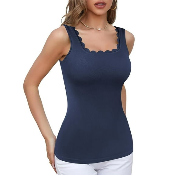 Charmo Womens Scalloped Neck Tank Tops Wider Straps Undershirts Ribbed Camisole Built-in Removable Bra Cami Shirt