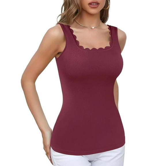 Charmo Womens Scalloped Neck Tank Tops Wider Straps Undershirts Ribbed Camisole Built-in Removable Bra Cami Shirt