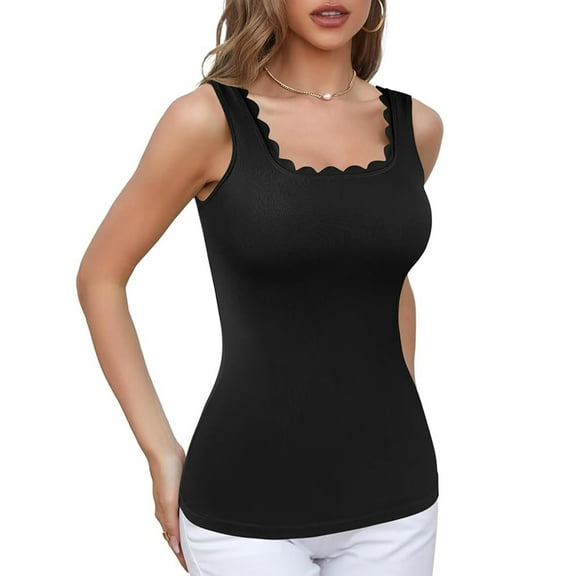 Charmo Womens Scalloped Neck Tank Tops Wider Straps Undershirts Ribbed Camisole Built-in Removable Bra Cami Shirt