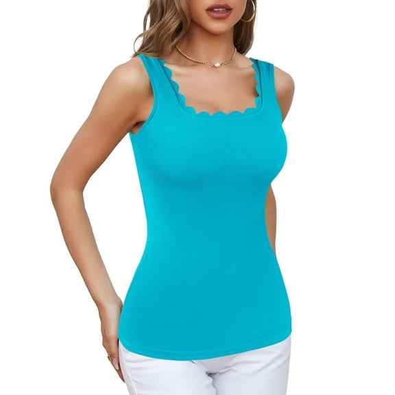 Charmo Womens Scalloped Neck Tank Tops Wider Straps Undershirts Ribbed Camisole Built-in Removable Bra Cami Shirt