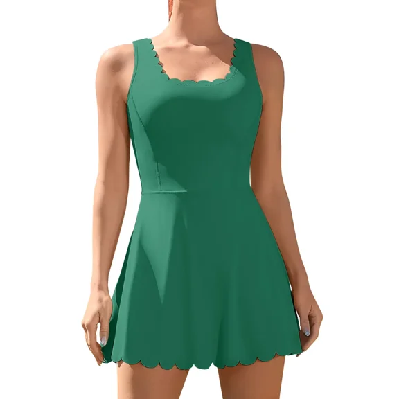 Charmo Womens Scallped Trim Tennise Dress Workout Athletic Golf Dresses with Shorts and Pockets
