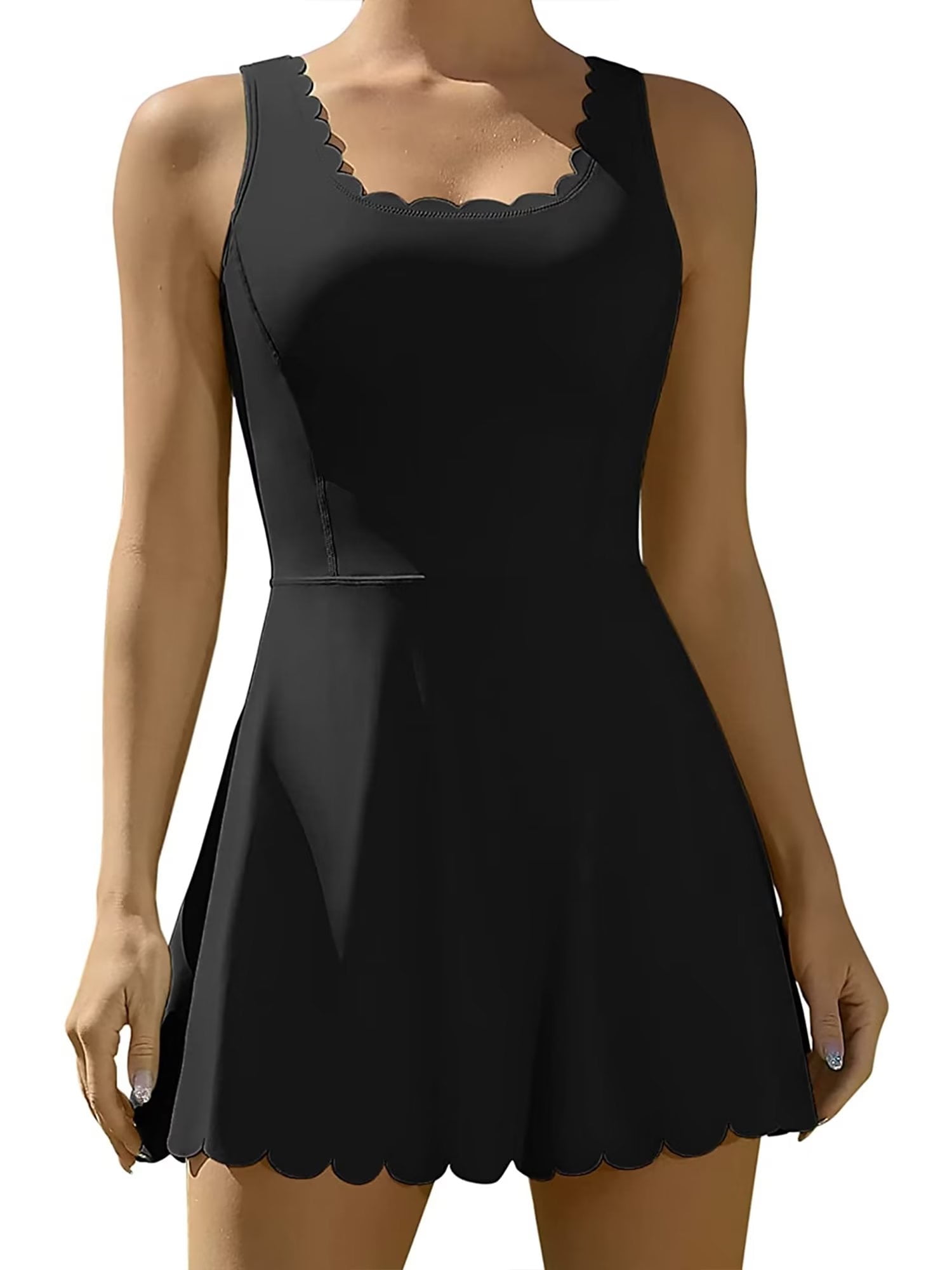 Charmo Womens Scallped Trim Tennise Dress Workout Athletic Golf Dresses with Shorts and Pockets