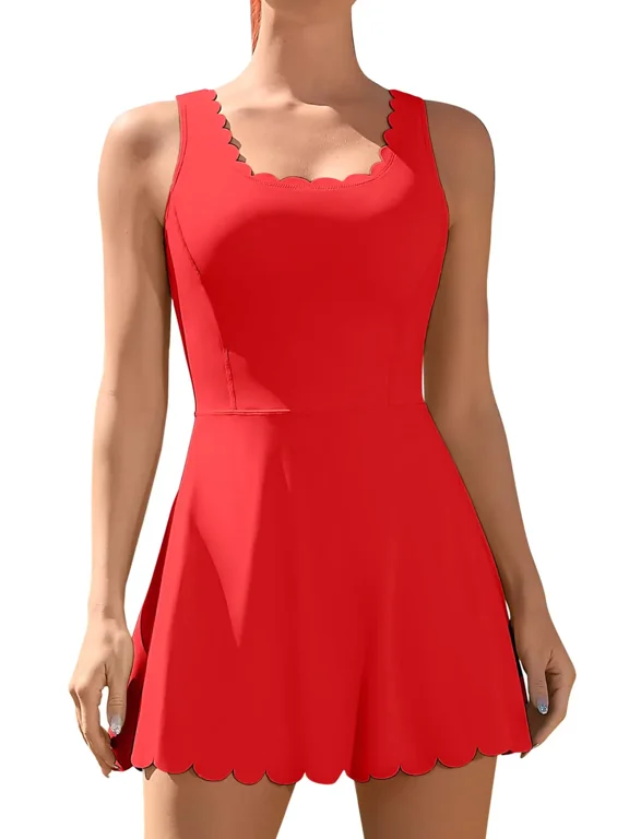 Womens Scallped Trim Tennise Dress Workout Athletic Golf Dresses with Shorts and Pockets