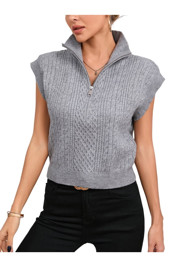 Womens Short Sleeve Cropped Knit Tops Half Zip Cap Sleeve Lightweight Sweater Vest