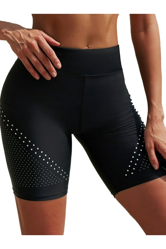 Womens Tummy Control Swim Bottoms Dot High Waisted Board Shorts Built-in Liner