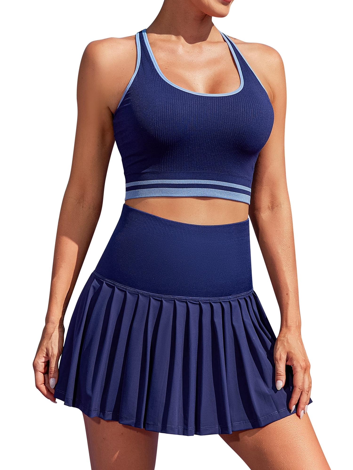 Charmo Womens Two Piece Tennis Dress High Waist Pleated Tennis Skirt with Shorts Racerback Crop Golf Workout Skirts Sets