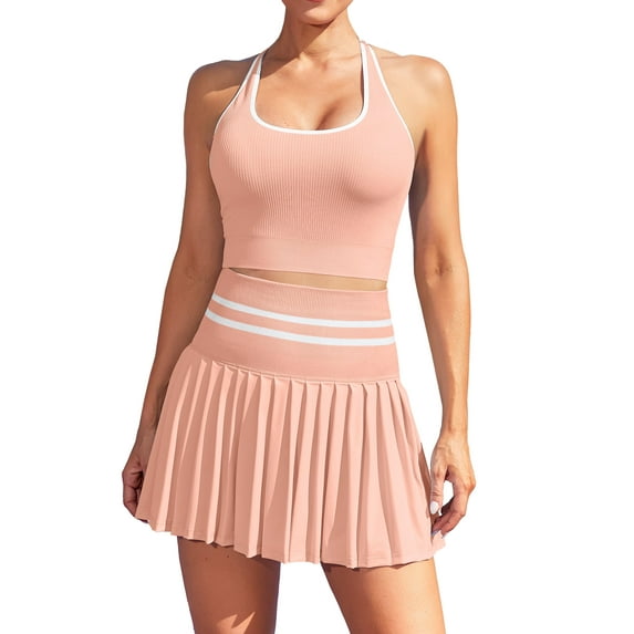 Charmo Womens Two Piece Tennis Dress High Waist Pleated Tennis Skirt with Shorts Racerback Crop Golf Workout Skirts Sets