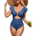 thumbnail image 1 of Charmo Womens V Neck 1 Piece Monokini Swimwear Ruffled Sleeve Swimsuit Tummy Control Bath Suit, 1 of 7