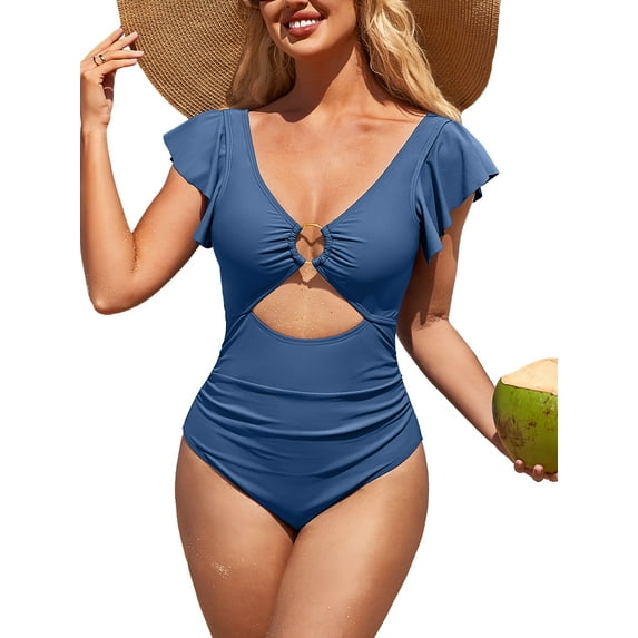Charmo Womens V Neck 1 Piece Monokini Swimwear Ruffled Sleeve Swimsuit Tummy Control Bath Suit