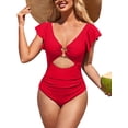 thumbnail image 1 of Charmo Womens V Neck 1 Piece Monokini Swimwear Ruffled Sleeve Swimsuit Tummy Control Bath Suit, 1 of 8