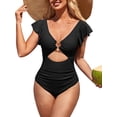 thumbnail image 1 of Charmo Womens V Neck 1 Piece Monokini Swimwear Ruffled Sleeve Swimsuit Tummy Control Bath Suit, 1 of 8