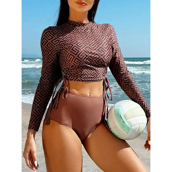 Asoul Womens Two Piece Swimsuits Sets Long Sleeve Swim Tops with Drawstring High Waisted Swim Bottoms
