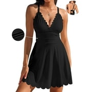 Asoul Womens Scalloped V Neck One Piece Monokini Swimsuit Ribbed Swimdress Adjustable Shoulder Bath Suit Tummy Control Swimwear