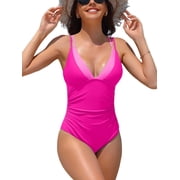 Charmo Womens V Neck One Piece Swimsuit Double Straps Monokini Swimsuits Tummy Control Swimwear