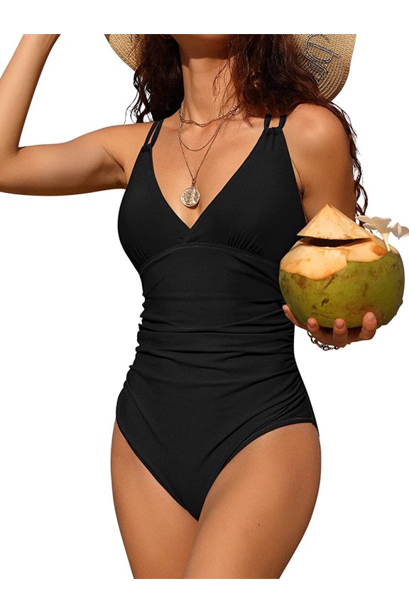 Womens V Neck One Piece Swimsuits Ruched Tummy Control Monokini Bathing Suits