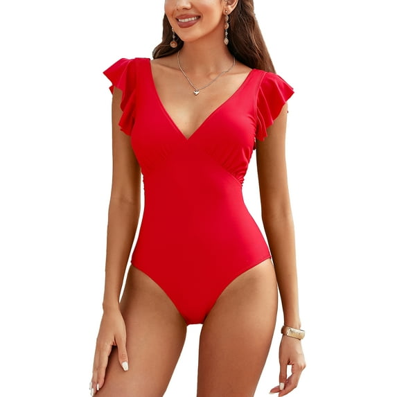 Charmo Womens V Neck Ruffled Monkini Swimsuit Ruched One Piece Swimwear Tummy Control Bath Suit