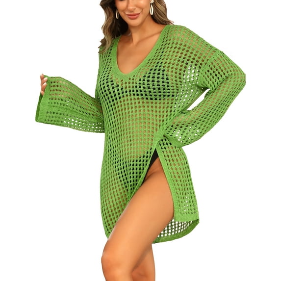 Charmo Womens V Neck Swim Cover Up Hollow Out Swimwear Long Sleeve Bikini Beachwear