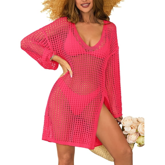 Charmo Womens V Neck Swim Cover Up Hollow Out Swimwear Long Sleeve Bikini Beachwear